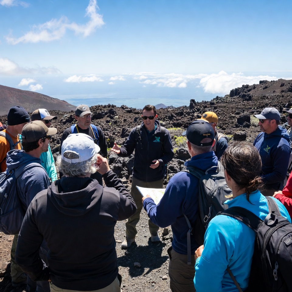 Group hikers discussing map on volcano Group hikers discussing map on volcano