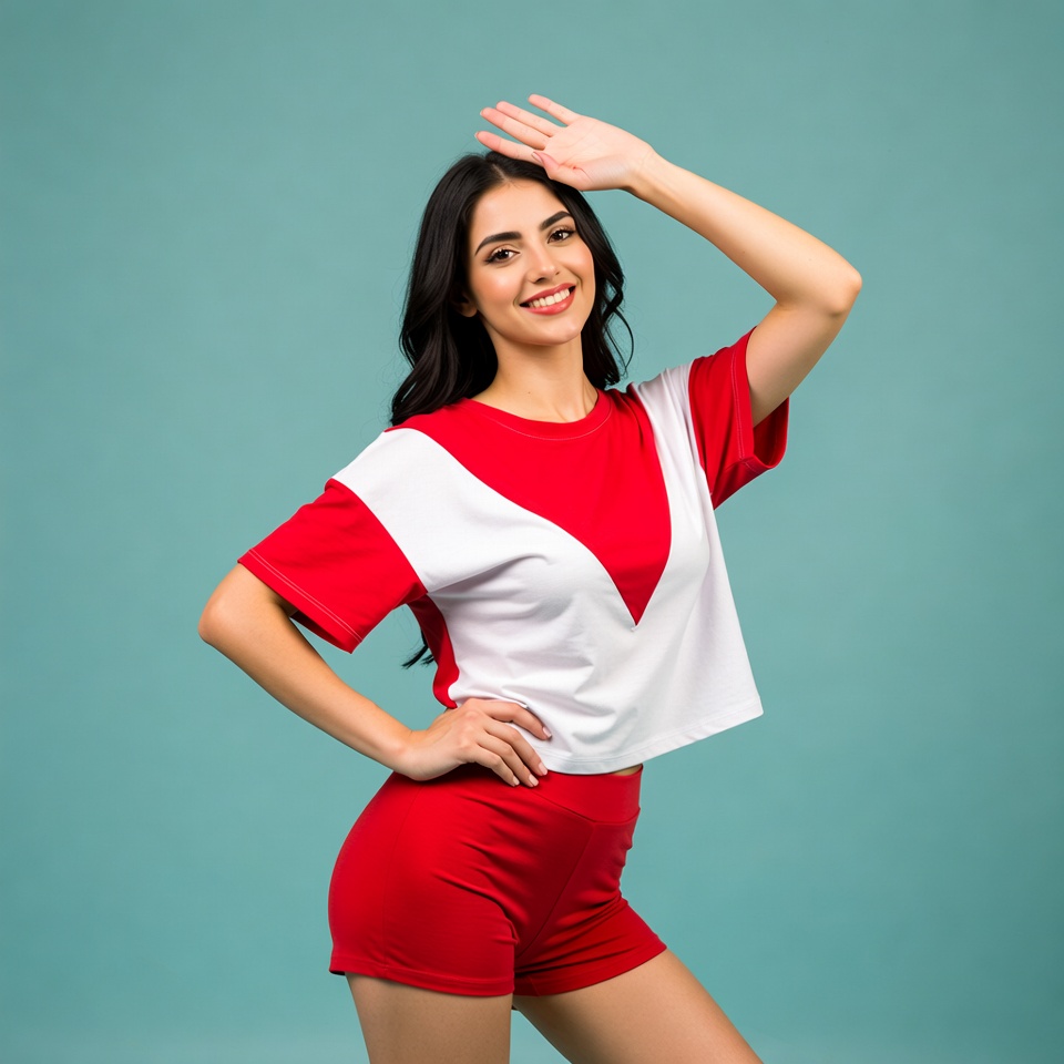 Smiling woman waving hand in red outfit Smiling woman waving hand in red outfit