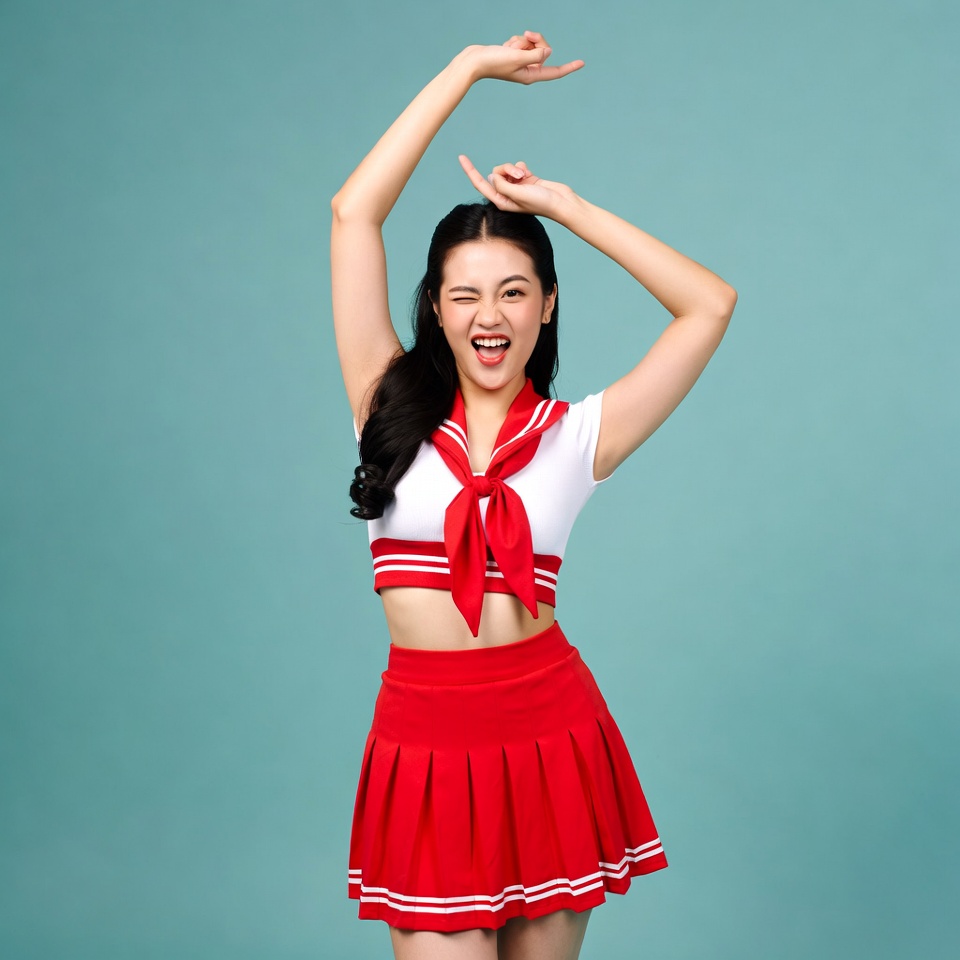 Asian woman in red sailor uniform posing Asian woman in red sailor uniform posing