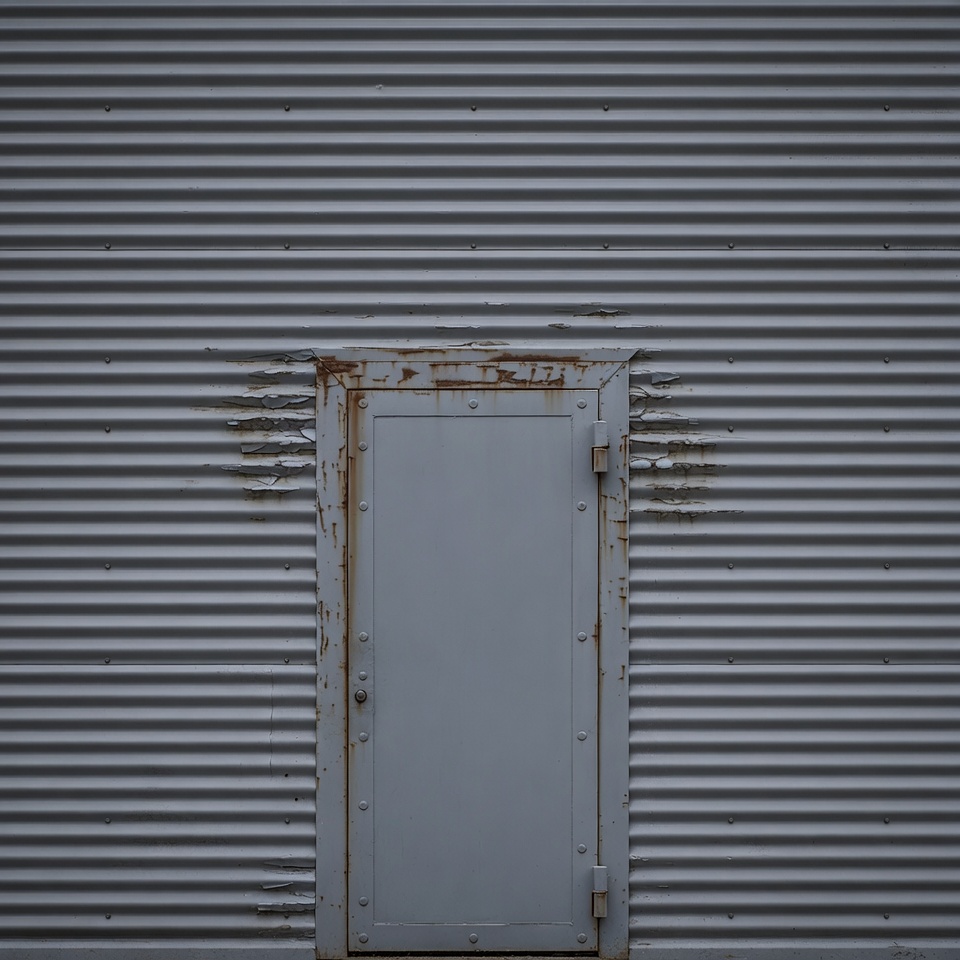 Rusty metal door on corrugated wall Rusty metal door on corrugated wall