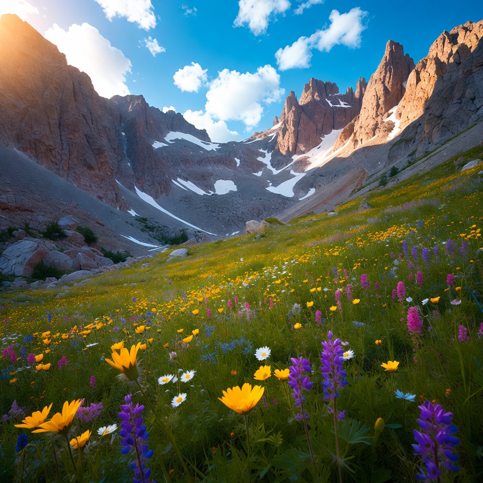 Wildflower Meadow in Snowy Mountains Wildflower Meadow in Snowy Mountains