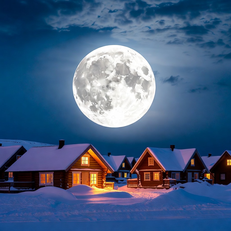 Snowy Cottages Under Full Moon Snowy Cottages Under Full Moon