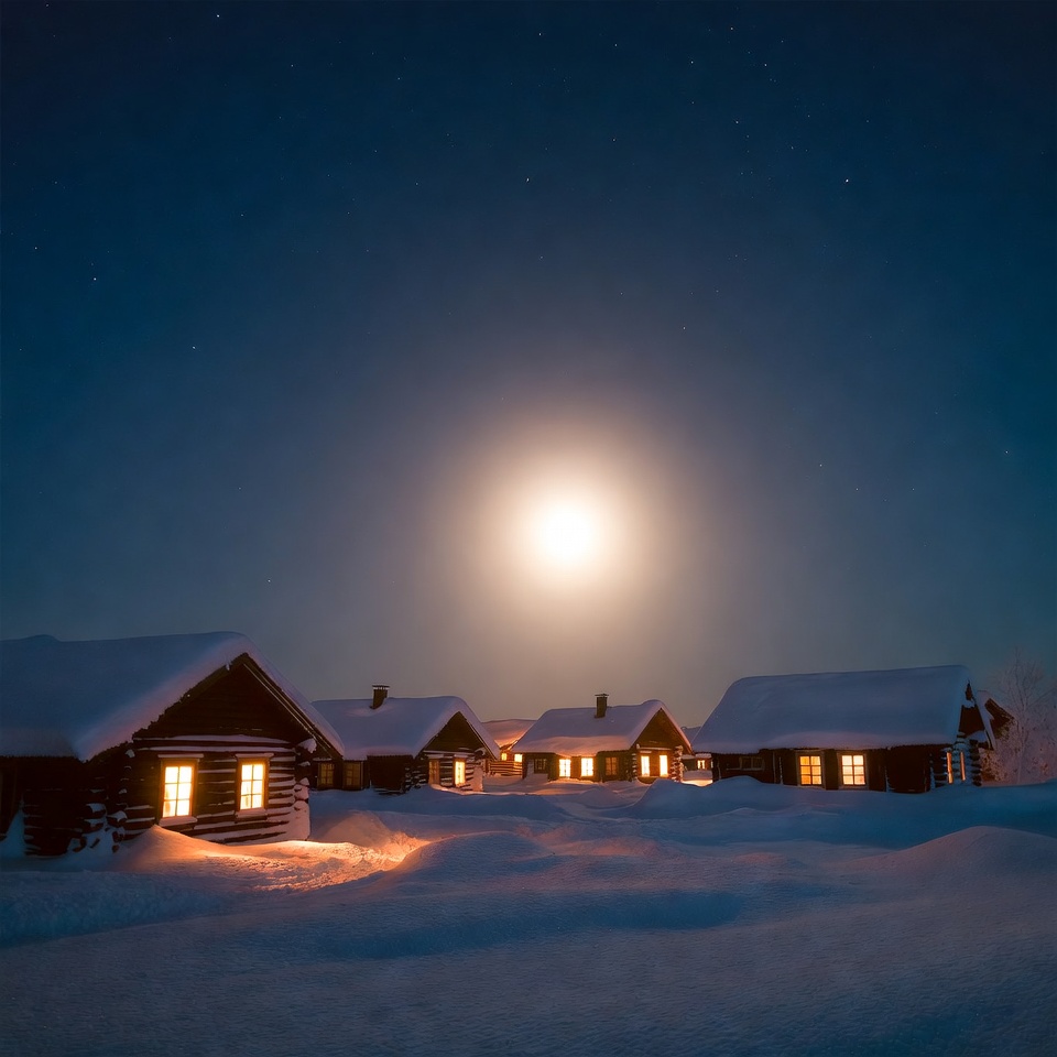 Snowy Log Cabins Under Full Moon Snowy Log Cabins Under Full Moon