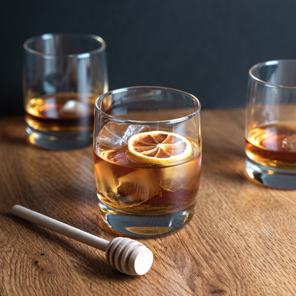Whiskey Glasses with Lemon and Honey Stirrer Whiskey Glasses with Lemon and Honey Stirrer