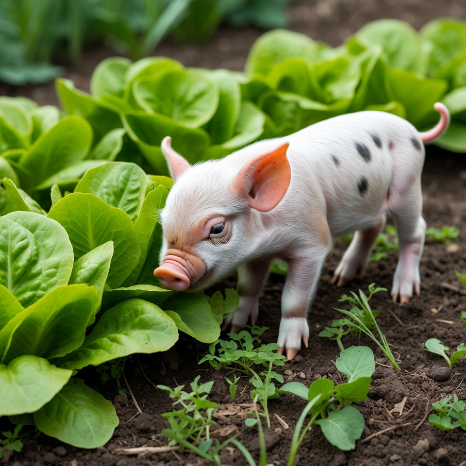 Baby piglet sniffing lettuce leaves Baby piglet sniffing lettuce leaves