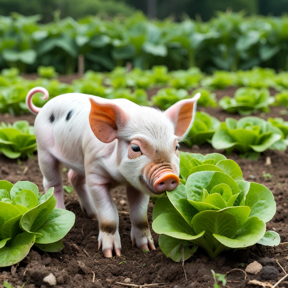 Baby pig eating lettuce in field Baby pig eating lettuce in field