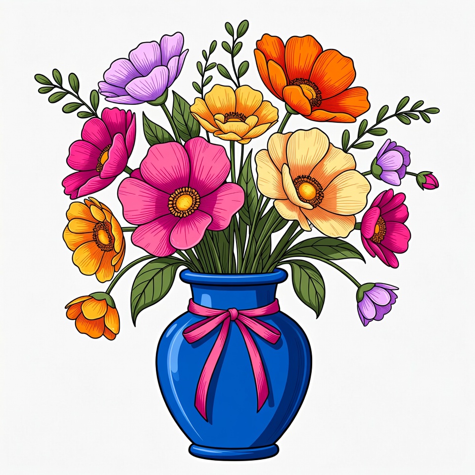 Colorful Flowers in Blue Vase Colorful Flowers in Blue Vase
