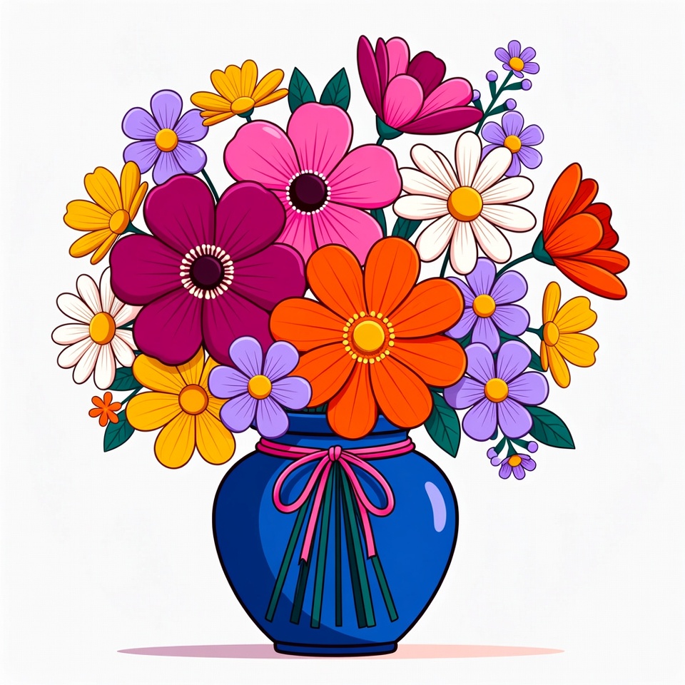 Colorful Flowers in Blue Vase Colorful Flowers in Blue Vase