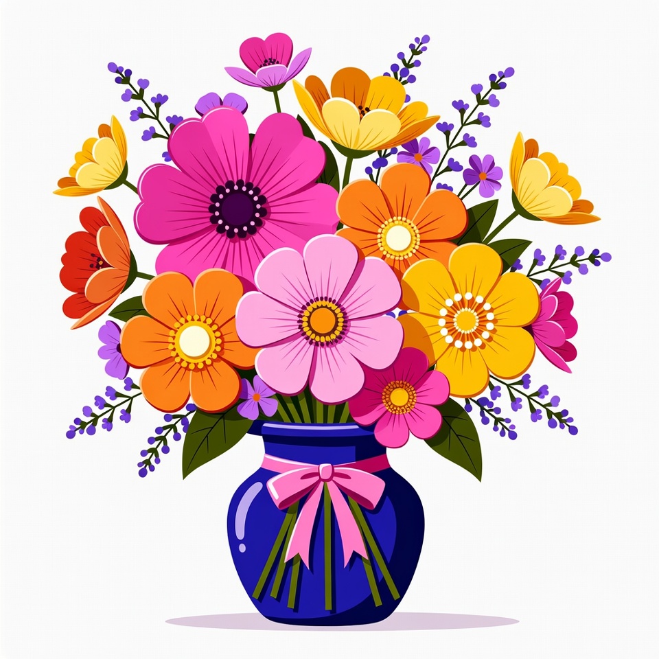 Colorful Flowers in Blue Vase Colorful Flowers in Blue Vase