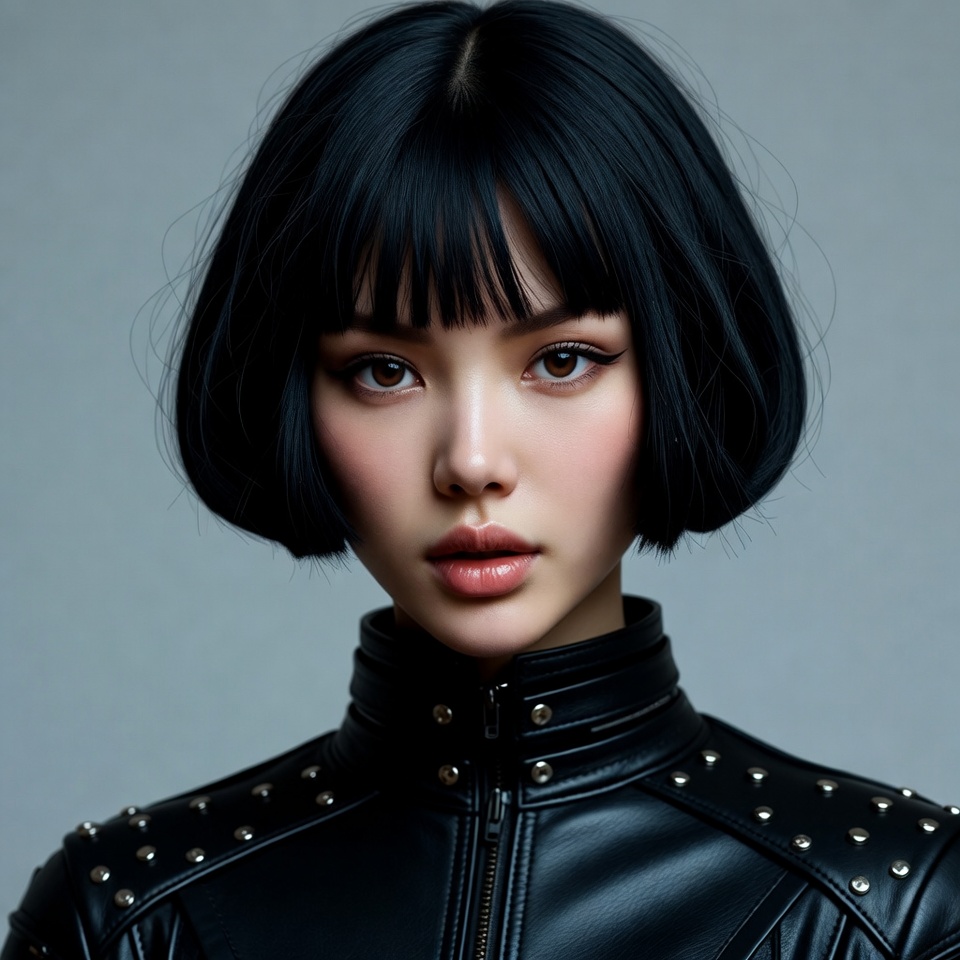 Asian woman in black leather jacket Asian woman in black leather jacket