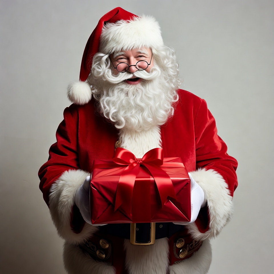Santa Claus holding red gift box Santa Claus holding red gift box