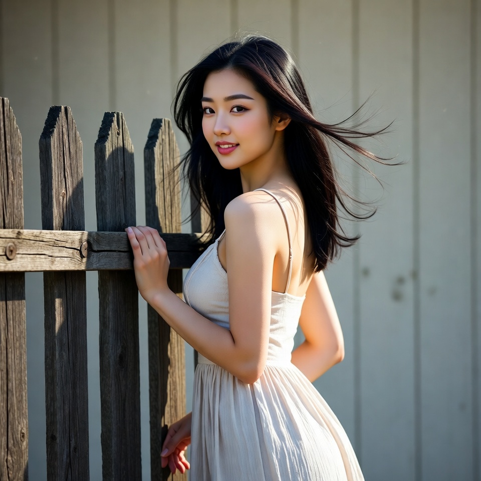 Asian woman leaning on wooden fence Asian woman leaning on wooden fence