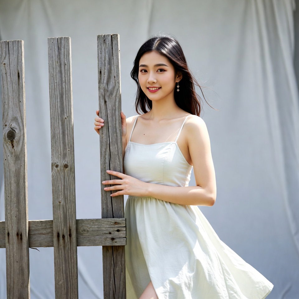 Asian woman leaning on wooden fence Asian woman leaning on wooden fence