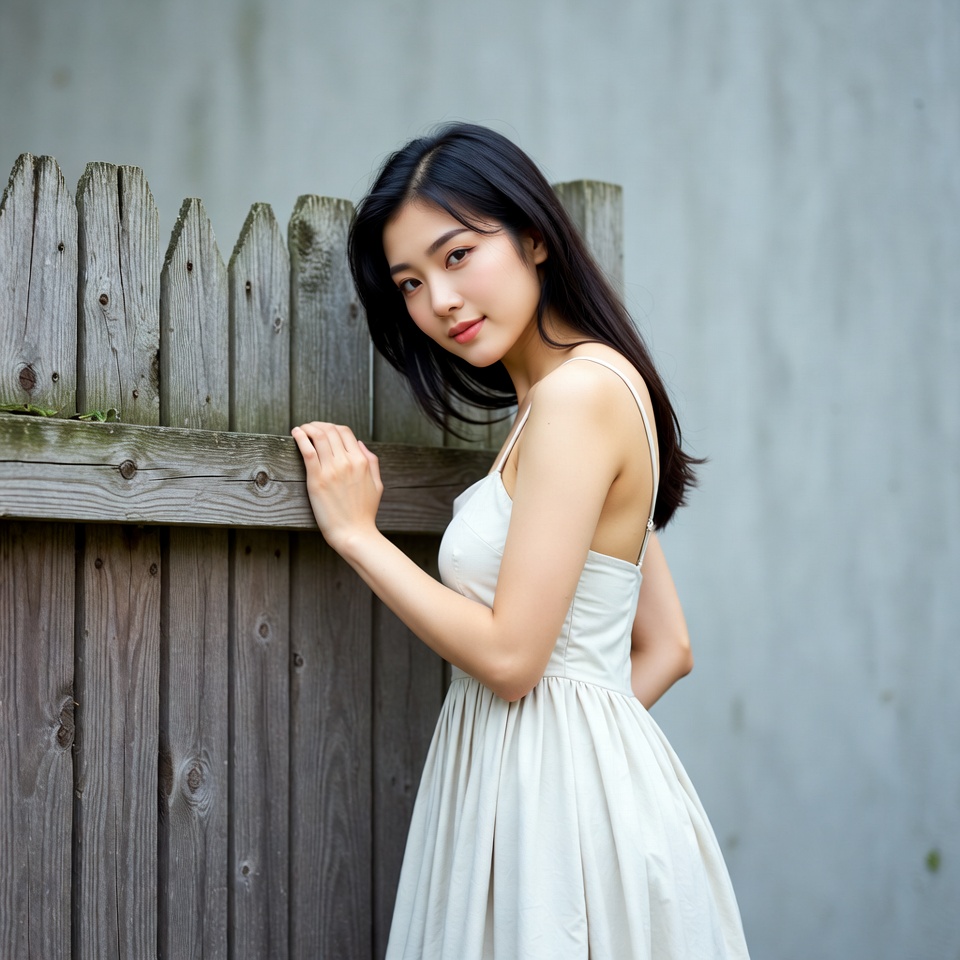 Asian woman leaning on wooden fence Asian woman leaning on wooden fence