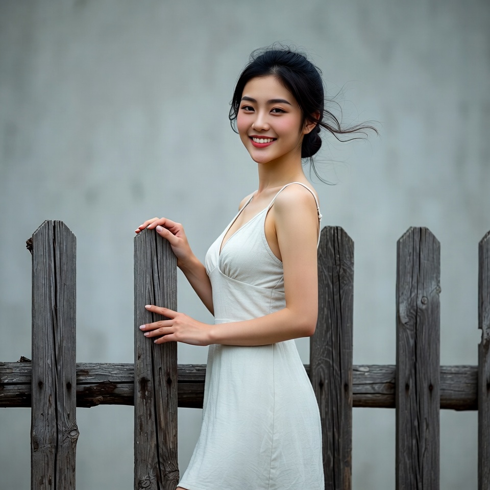 Asian woman smiling by wooden fence Asian woman smiling by wooden fence