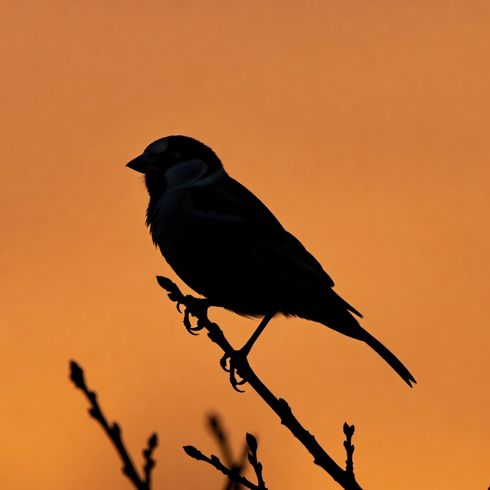 Silhouette of bird on branch at sunset Silhouette of bird on branch at sunset