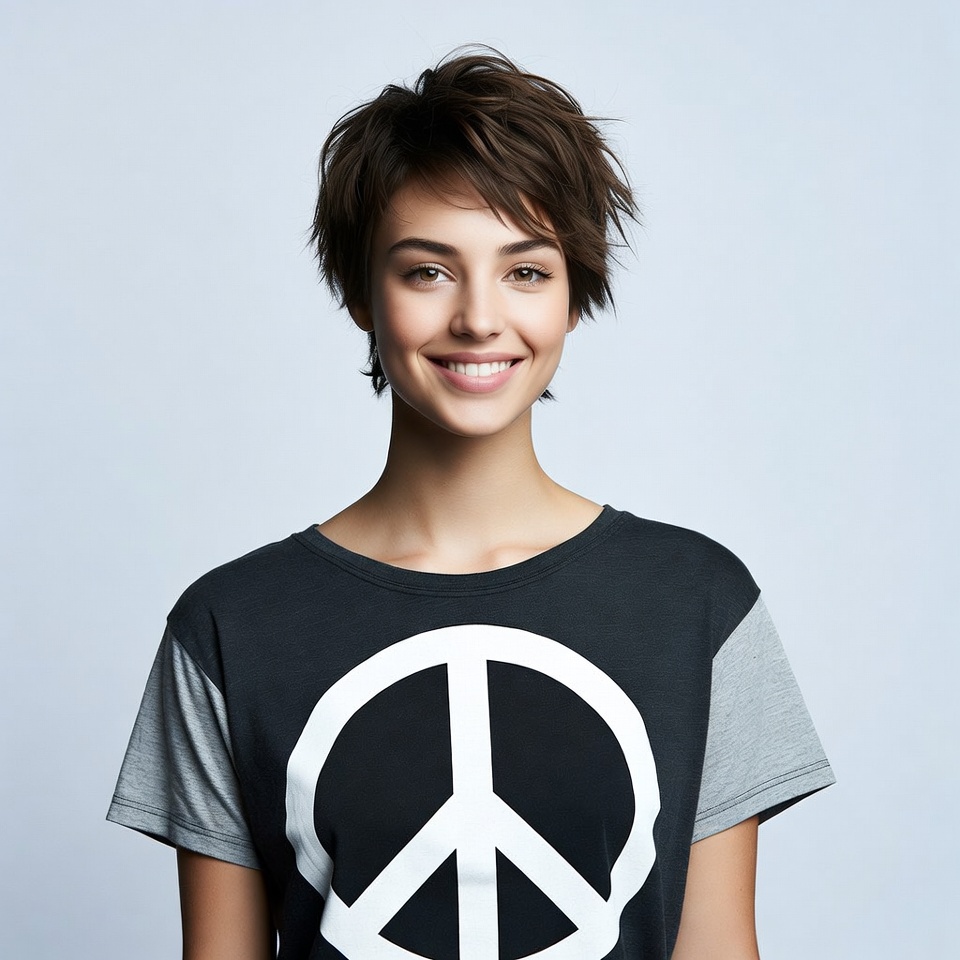 Smiling woman in peace sign t-shirt Smiling woman in peace sign t-shirt