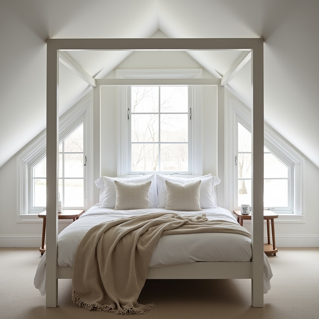 White four-poster bed in attic room White four-poster bed in attic room