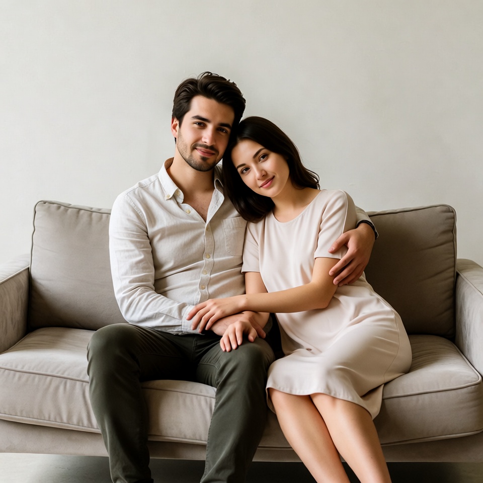 Young couple embracing on sofa Young couple embracing on sofa