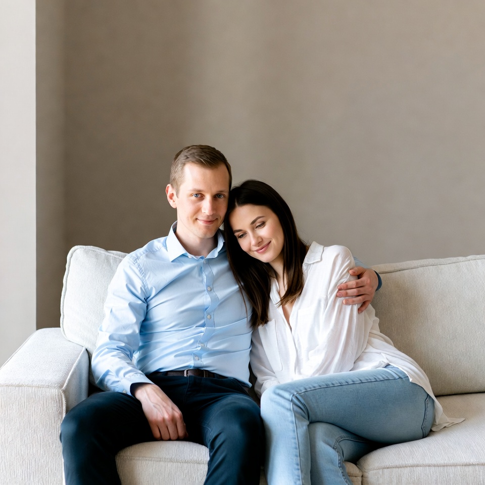 Smiling couple embracing on sofa Smiling couple embracing on sofa
