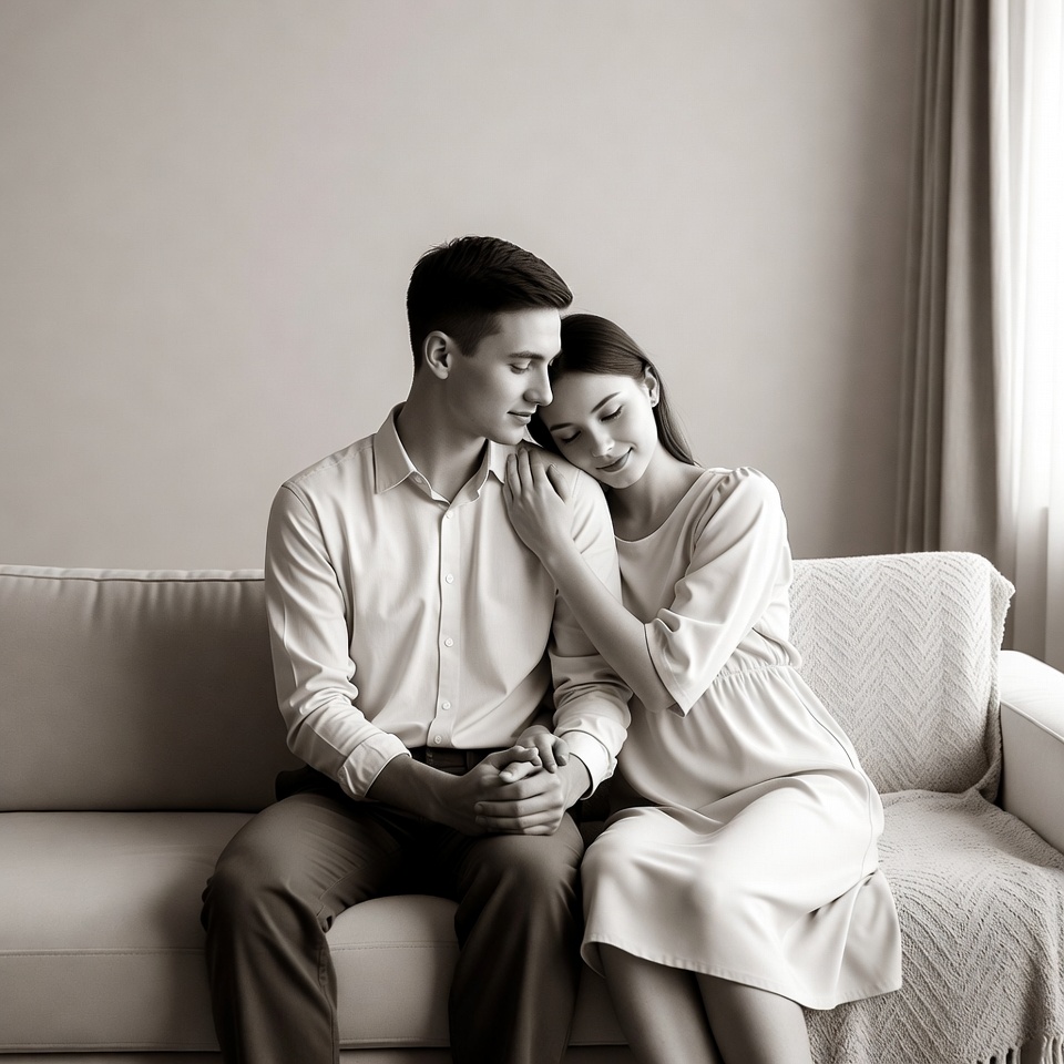 Young couple cuddling on sofa Young couple cuddling on sofa