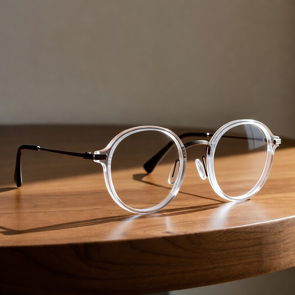 Clear Round Glasses on Wooden Table Clear Round Glasses on Wooden Table