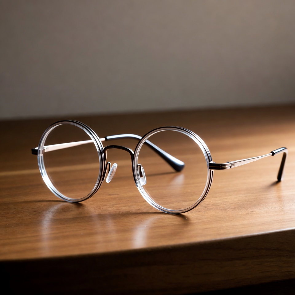 Round rimless eyeglasses on wooden table Round rimless eyeglasses on wooden table