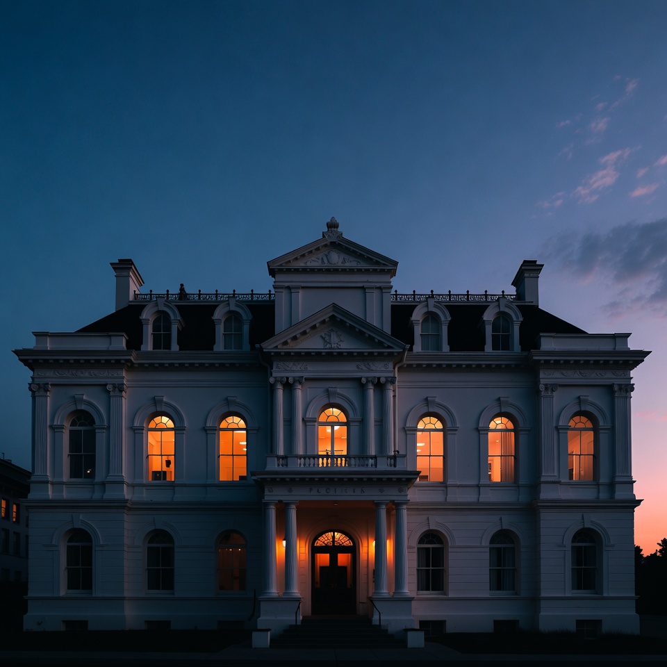 Lit White Mansion at Twilight Lit White Mansion at Twilight