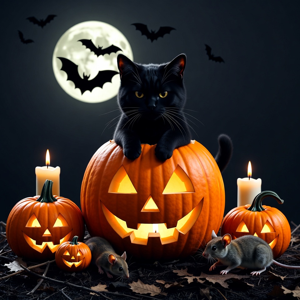 Black Cat in Jack-o'-lantern with Rats Black Cat in Jack-o'-lantern with Rats
