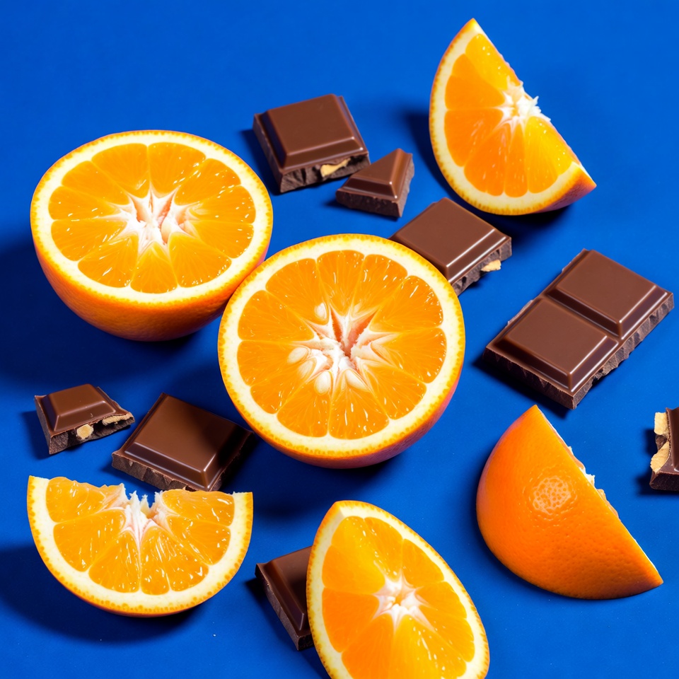 Orange Slices and Chocolate on Blue Orange Slices and Chocolate on Blue