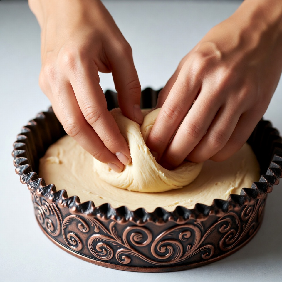 Woman shaping dough in pie pan Woman shaping dough in pie pan