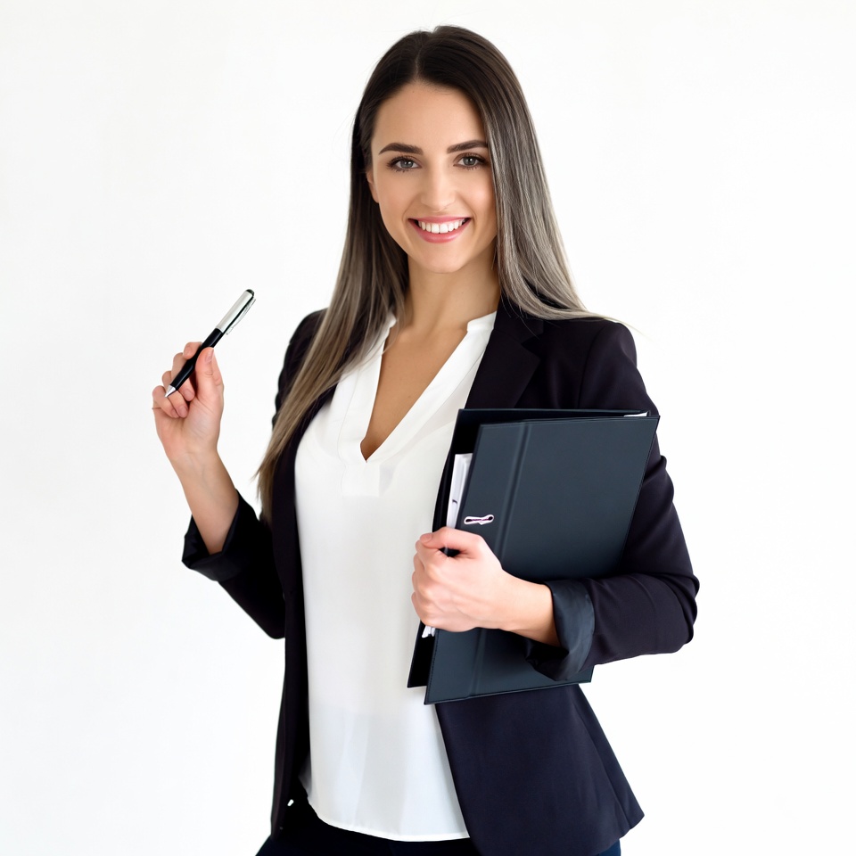 Smiling woman holding pen and folder Smiling woman holding pen and folder