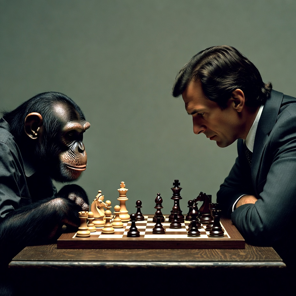 Man playing chess with chimpanzee Man playing chess with chimpanzee