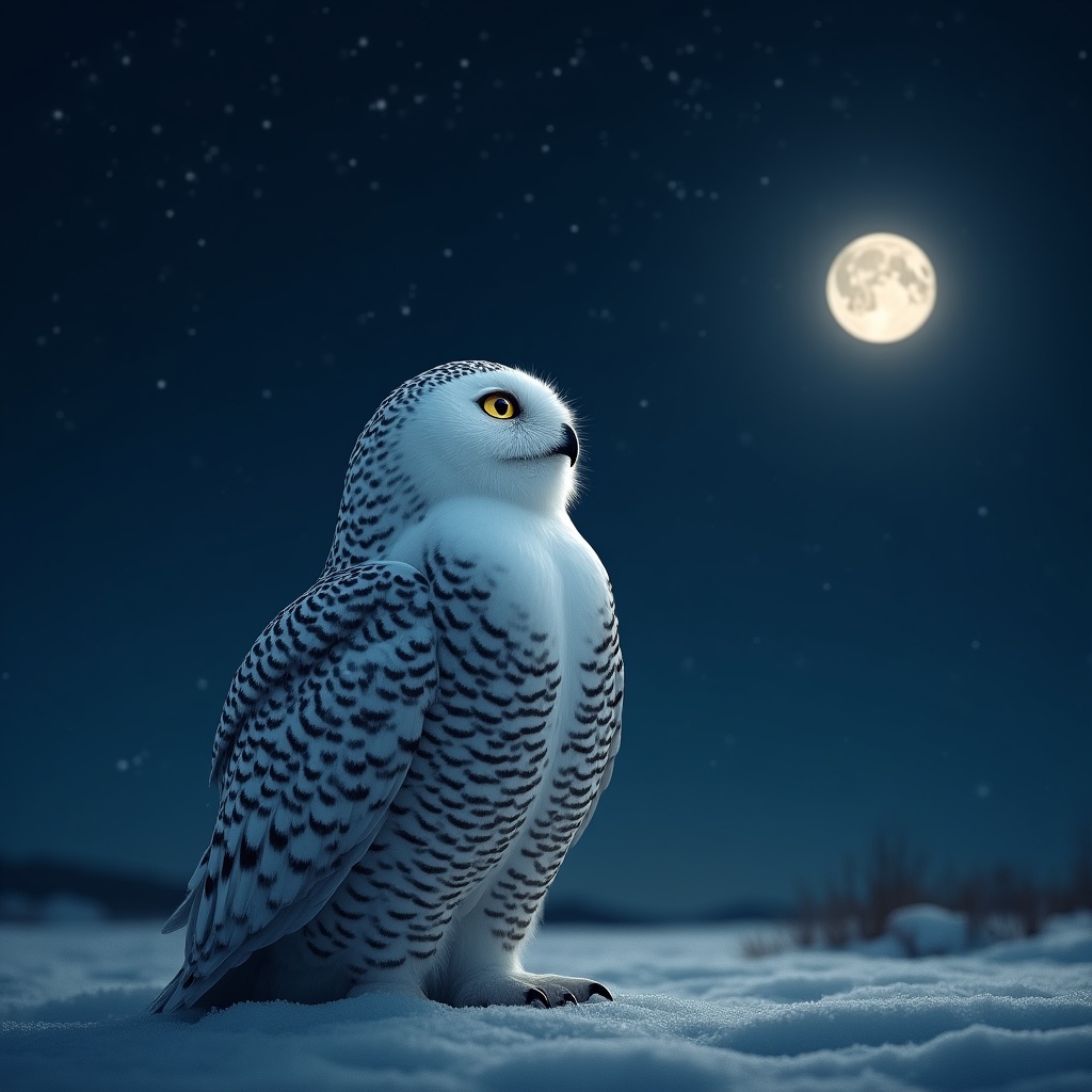 Snowy Owl on Snow Under Moon Snowy Owl on Snow Under Moon