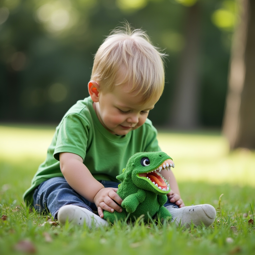 Blond toddler playing with green T-Rex toy Blond toddler playing with green T-Rex toy