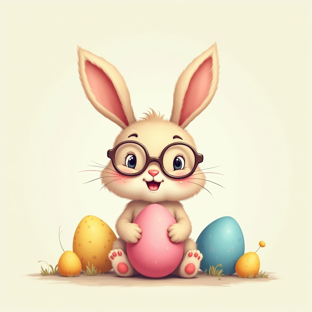 Cute Bunny with Glasses Holding Easter Eggs Cute Bunny with Glasses Holding Easter Eggs