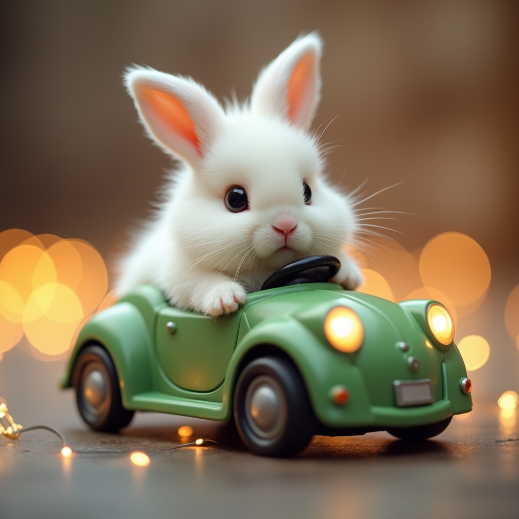 Cute white bunny driving green toy car Cute white bunny driving green toy car