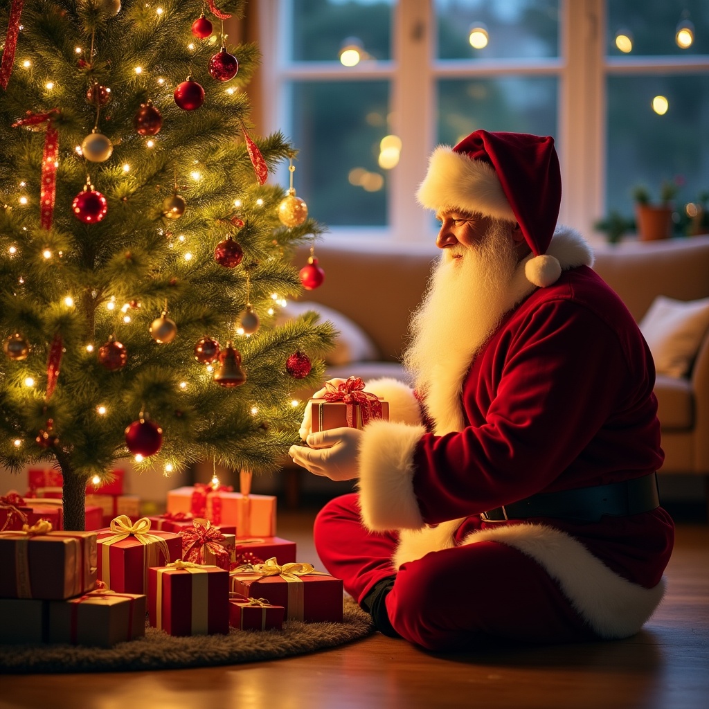 Santa Claus holding gift by Christmas tree Santa Claus holding gift by Christmas tree