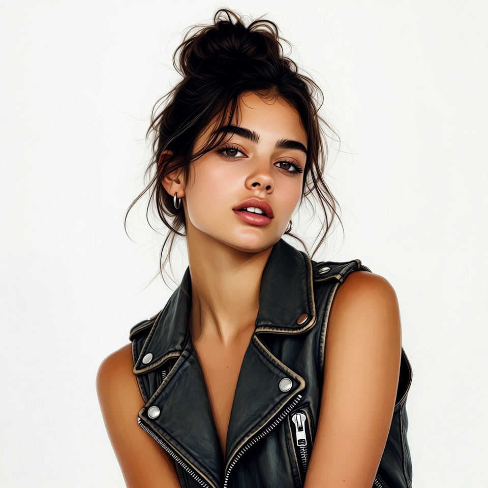 Woman in leather vest with messy bun Woman in leather vest with messy bun