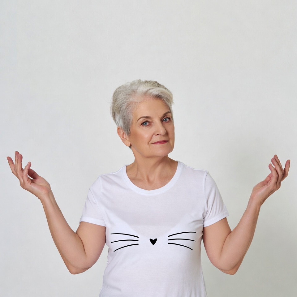 Elderly woman in cat face t-shirt Elderly woman in cat face t-shirt