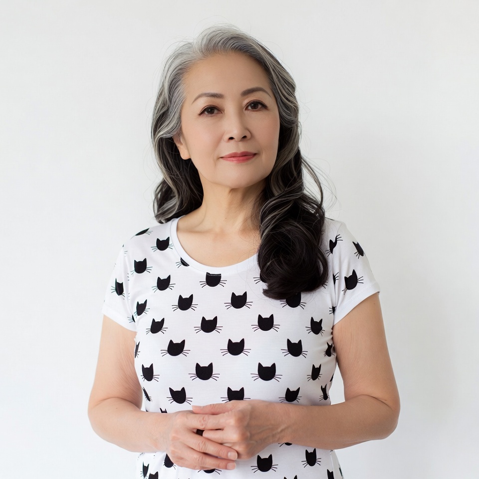 Asian woman in cat print shirt Asian woman in cat print shirt