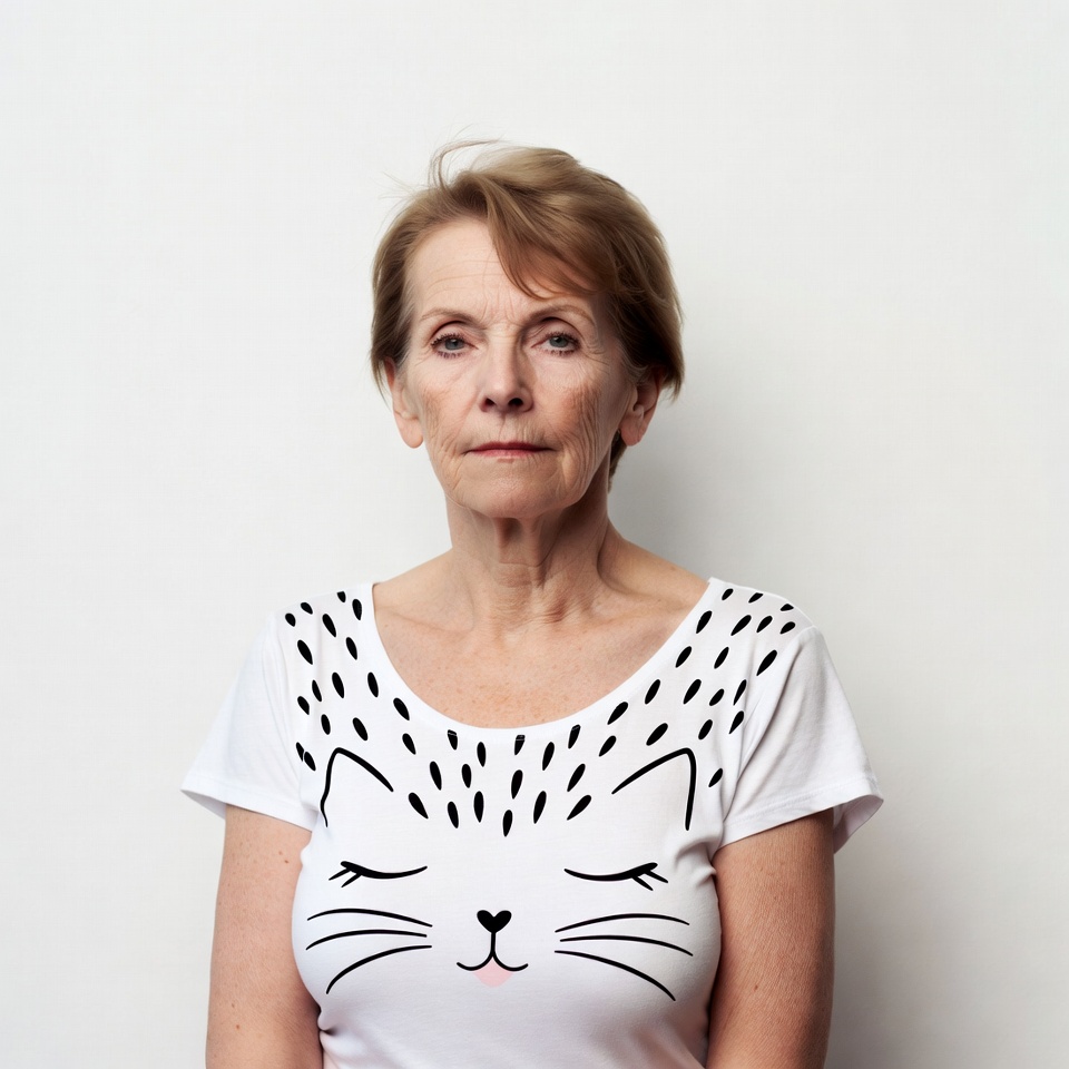 Elderly woman wearing cat t-shirt Elderly woman wearing cat t-shirt