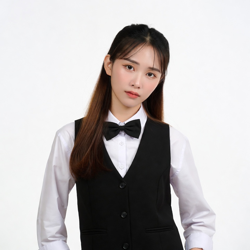 Asian woman in black bowtie vest Asian woman in black bowtie vest