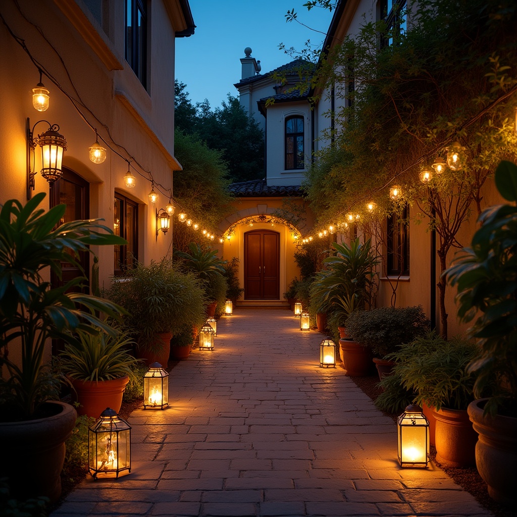 Twilight Courtyard Pathway with String Lights Twilight Courtyard Pathway with String Lights