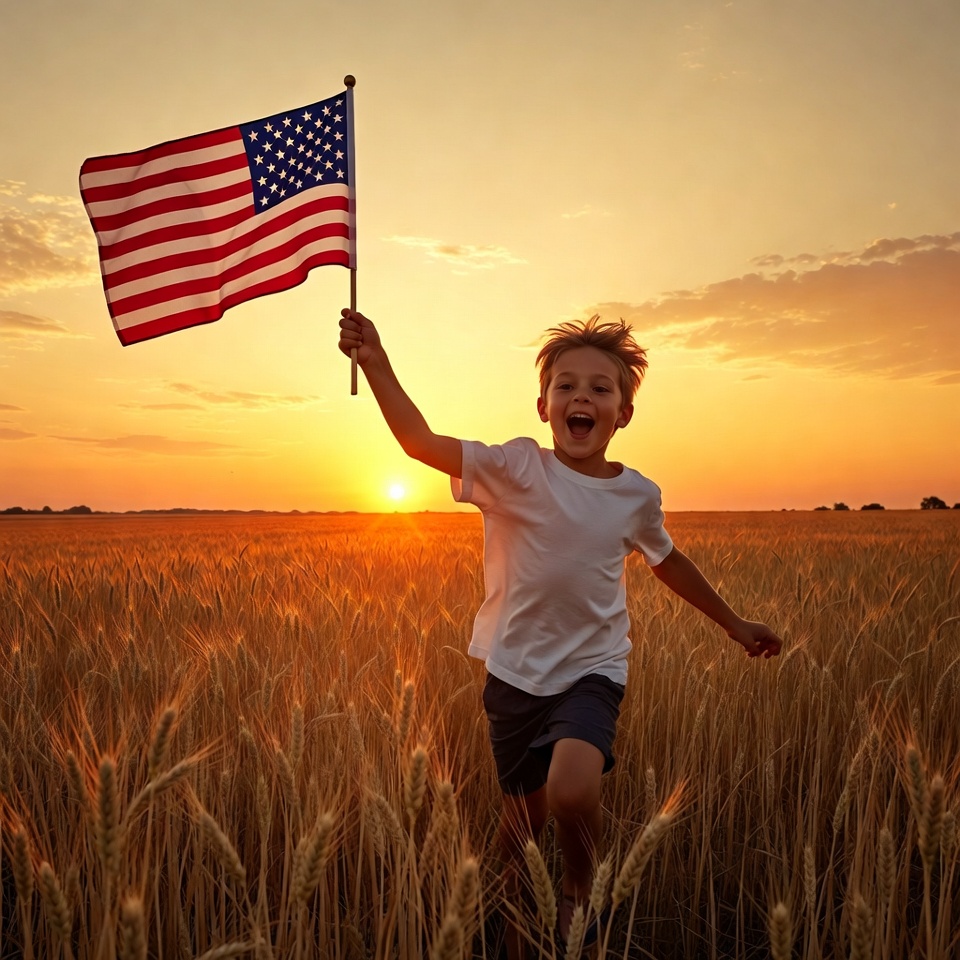 Boy waving American flag in wheat field sunset Boy waving American flag in wheat field sunset