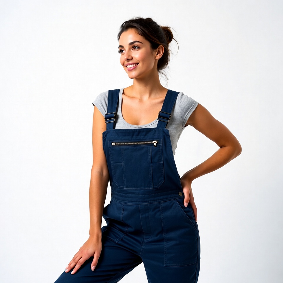 Woman in navy overalls smiling sideways Woman in navy overalls smiling sideways