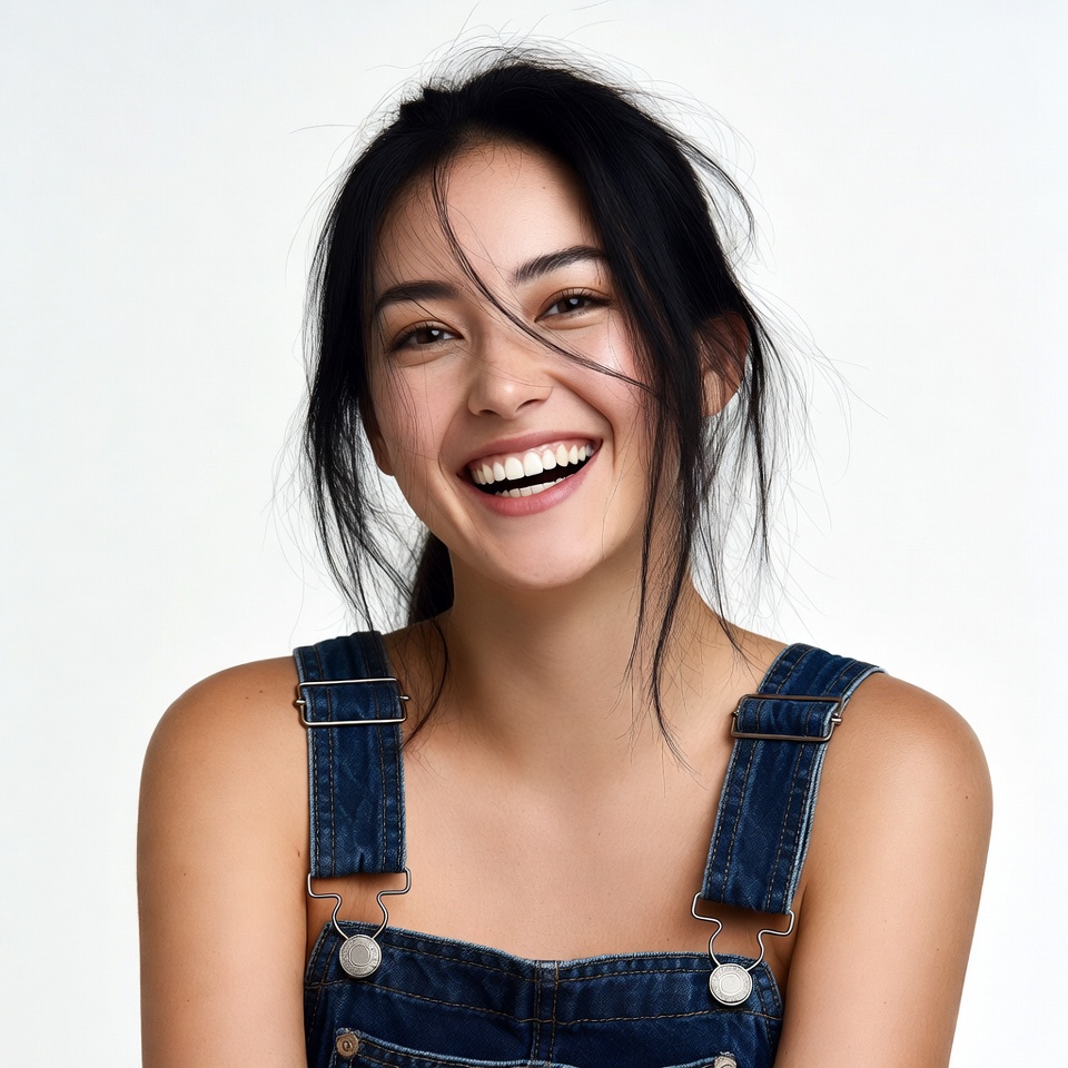 Asian woman smiling in denim overalls Asian woman smiling in denim overalls