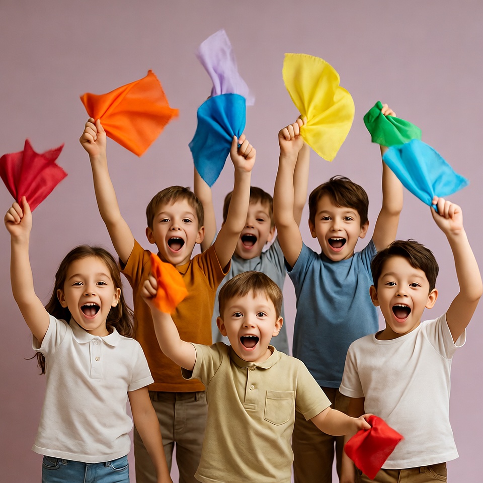 Happy children waving colorful streamers Happy children waving colorful streamers