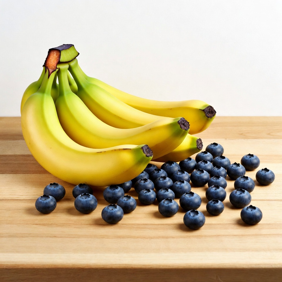 Bananas and Blueberries on Wooden Table Bananas and Blueberries on Wooden Table
