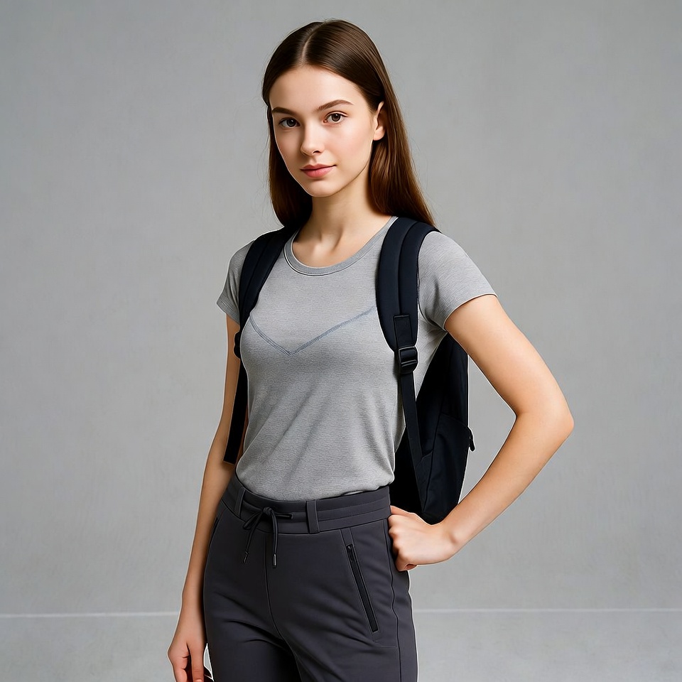 Teen girl with backpack posing confidently Teen girl with backpack posing confidently